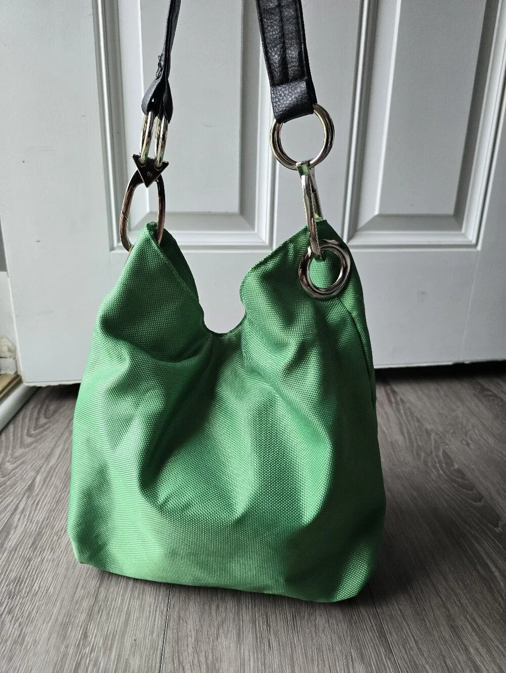 Braciano Green Nylon Hobo Shoulder Bag Y2K Silver O-Ring Zebra Print Lining